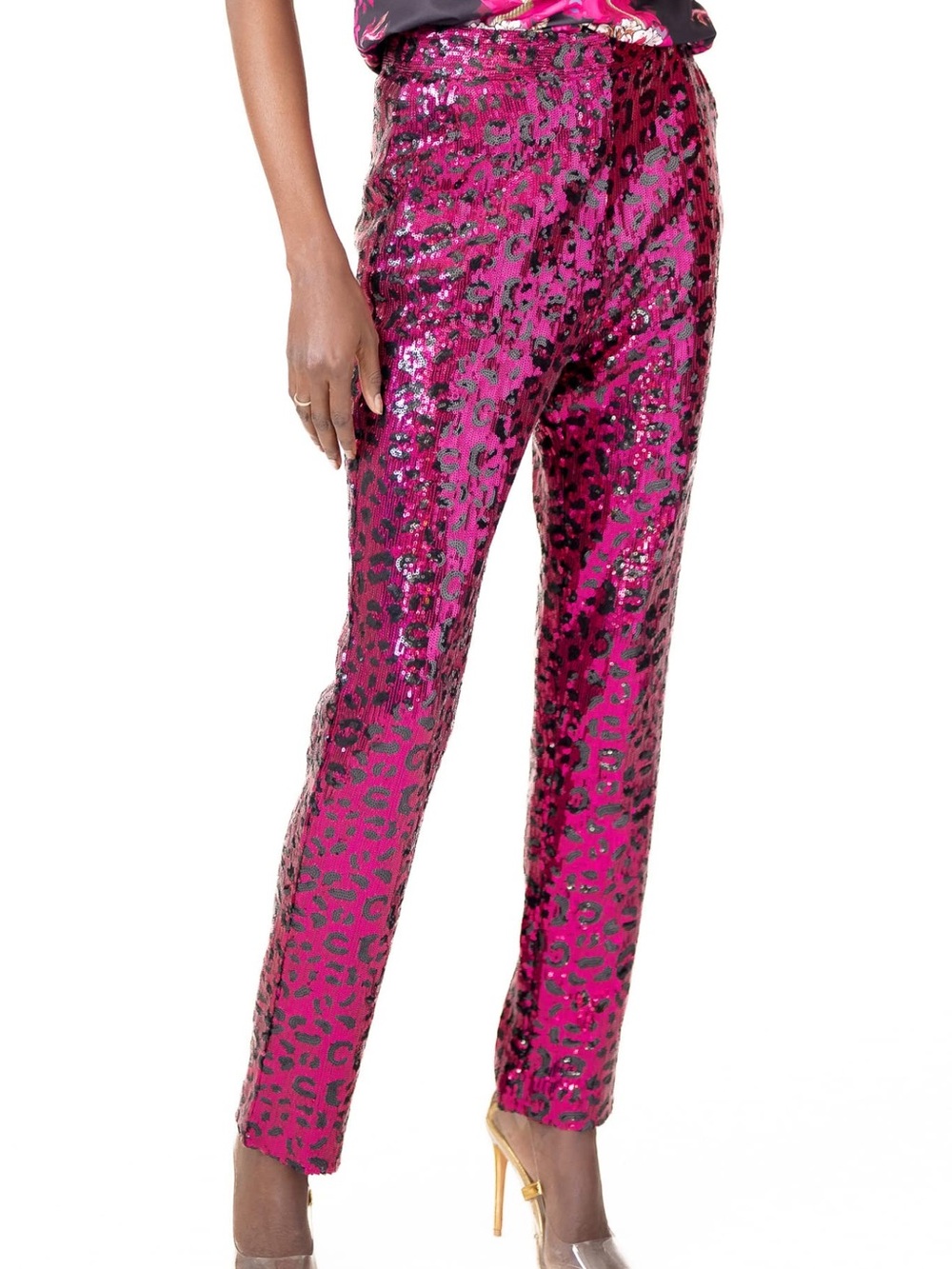 Pantora Stacy Sequin Leopard Pink Black Hot Pants Skinny Rave Club Diva Glam NEW